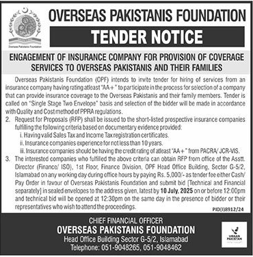 Overseas Pakistanis Foundation Islamabad Tender Notice